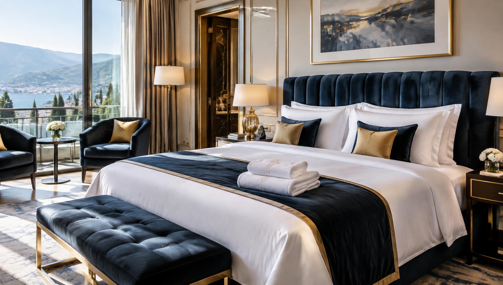 Luxury hotel suite with white premium bed linen